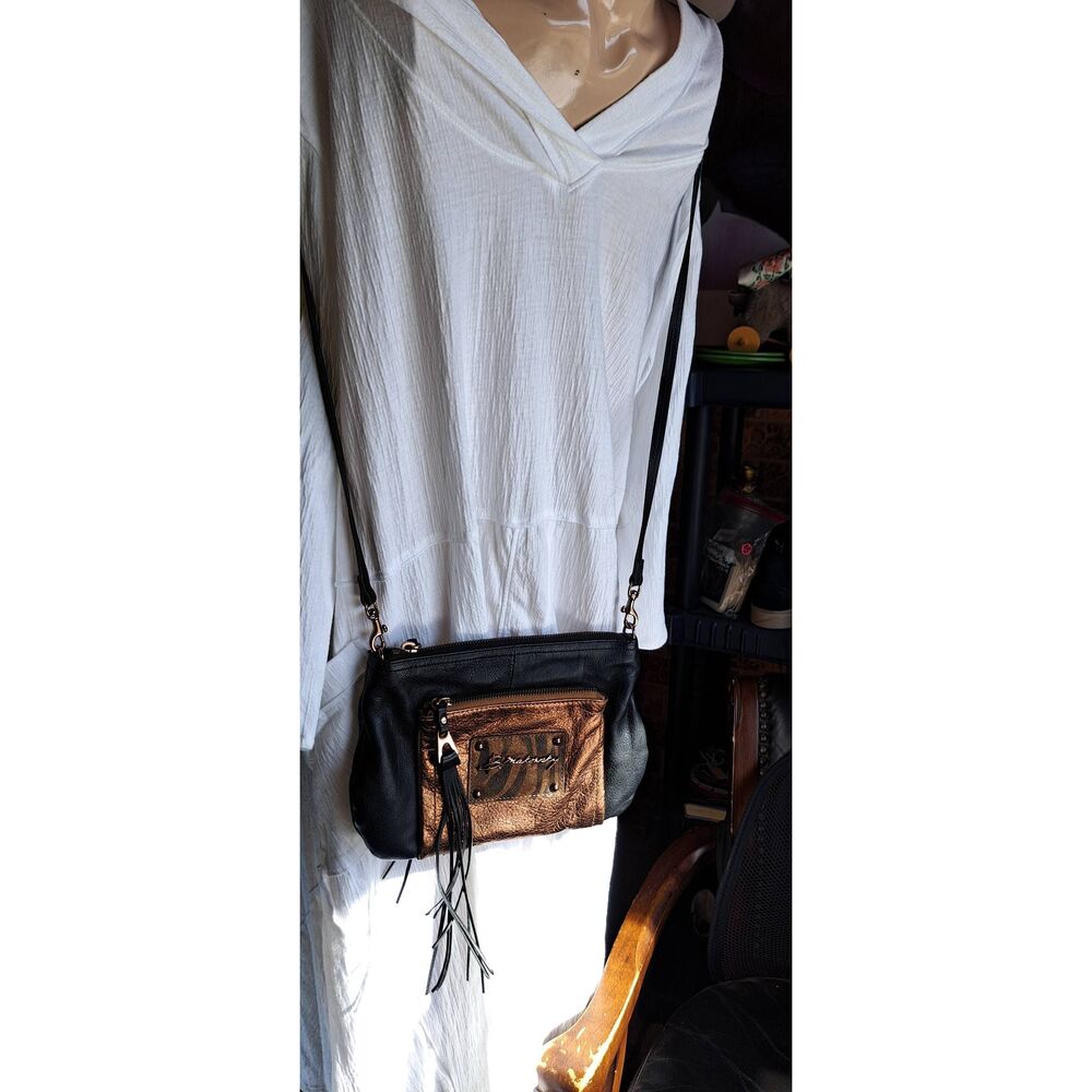 B Makowsky Black Leather Crossbody Bag Metallic Bronze Zebra Pocket Fringe